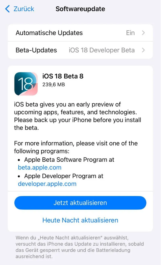 澄城苹果手机维修分享苹果 iOS / iPadOS 18 开发者预览版 Beta 8 发布 